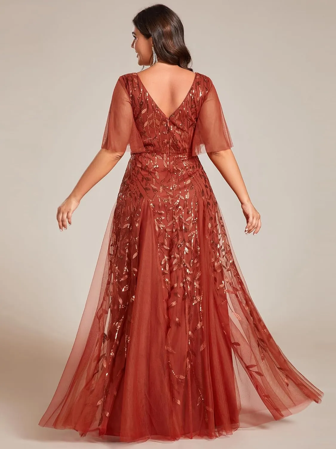 Ever-Pretty Womens Plus Size V-Neck Sequin Emboridery Formal Evening Dresses with Sleeves 00736-DA