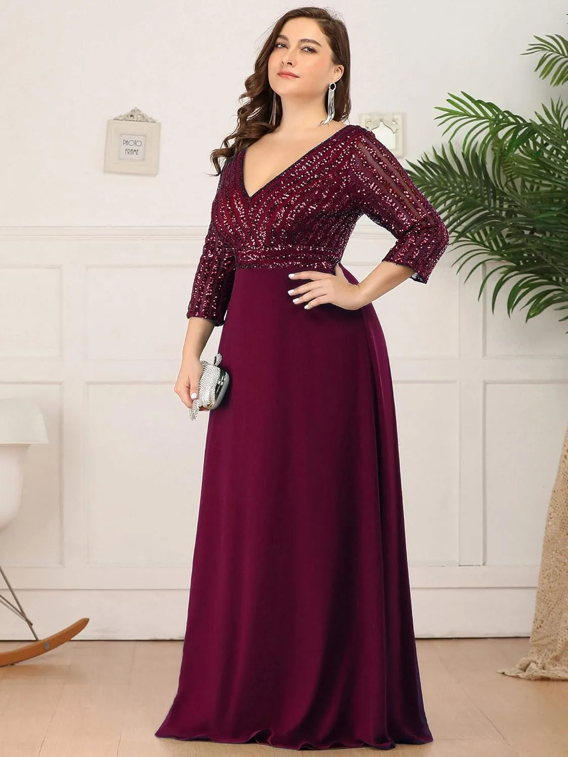 Ever-Pretty Women's Plus Size V-Neck Sparkle Sequins Chiffon 3/4 Sleevess Formal Dresses 0751-PZ