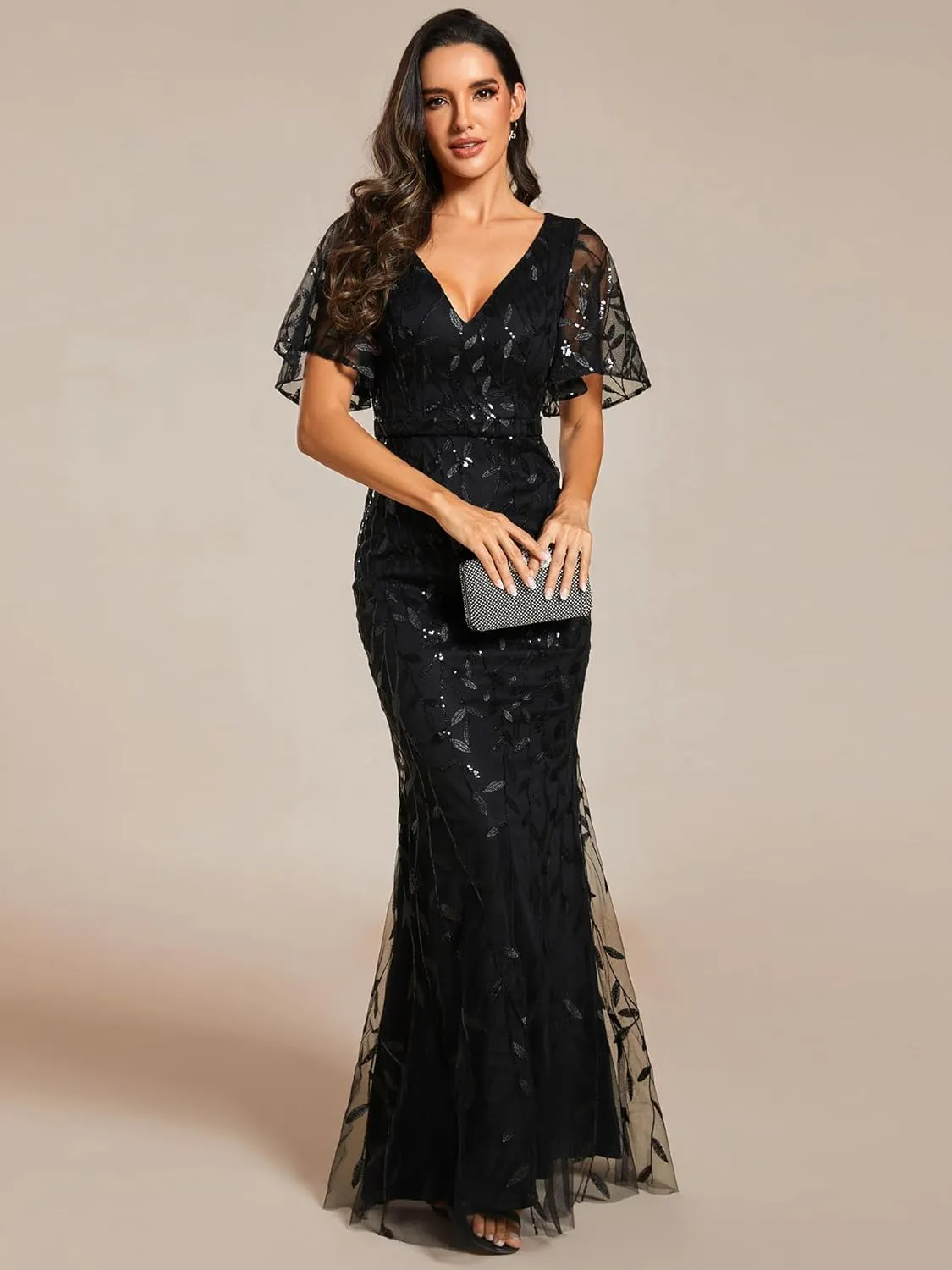 Ever-Pretty Women's Ruffles Sleeves Sequin Embroidery Evening Mother of The Bride Dress 00692