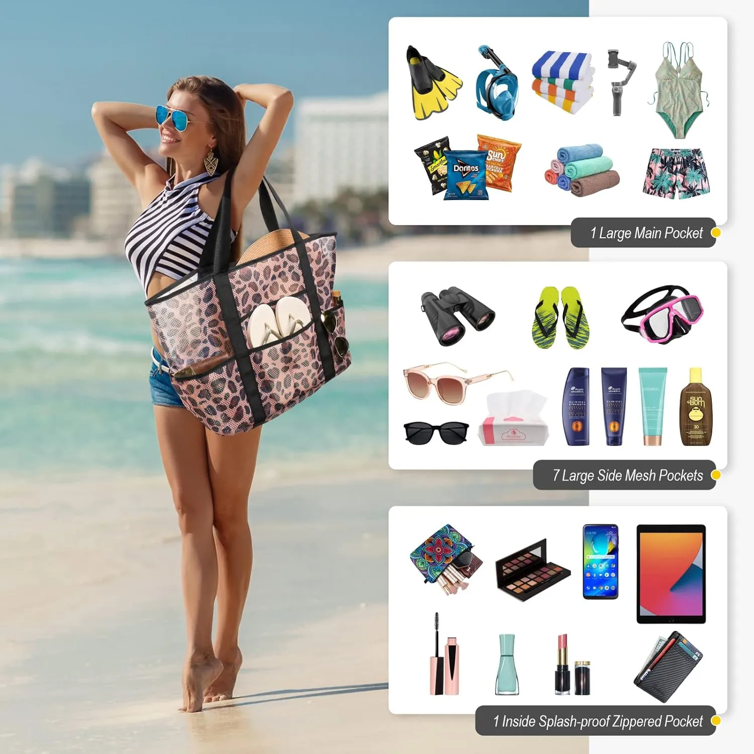 F-color Mesh Beach Bag Family - Beach Tote 9 Pockets Cruise Vacation Essentials