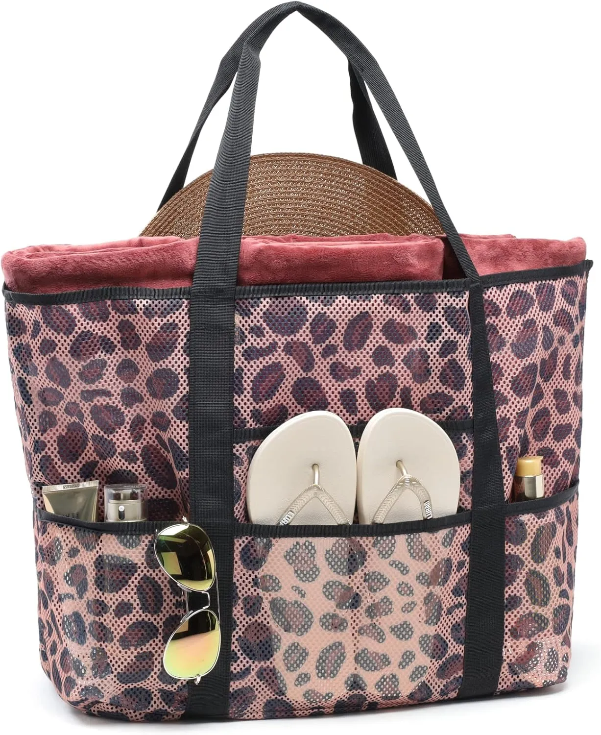 F-color Mesh Beach Bag Family - Beach Tote 9 Pockets Cruise Vacation Essentials