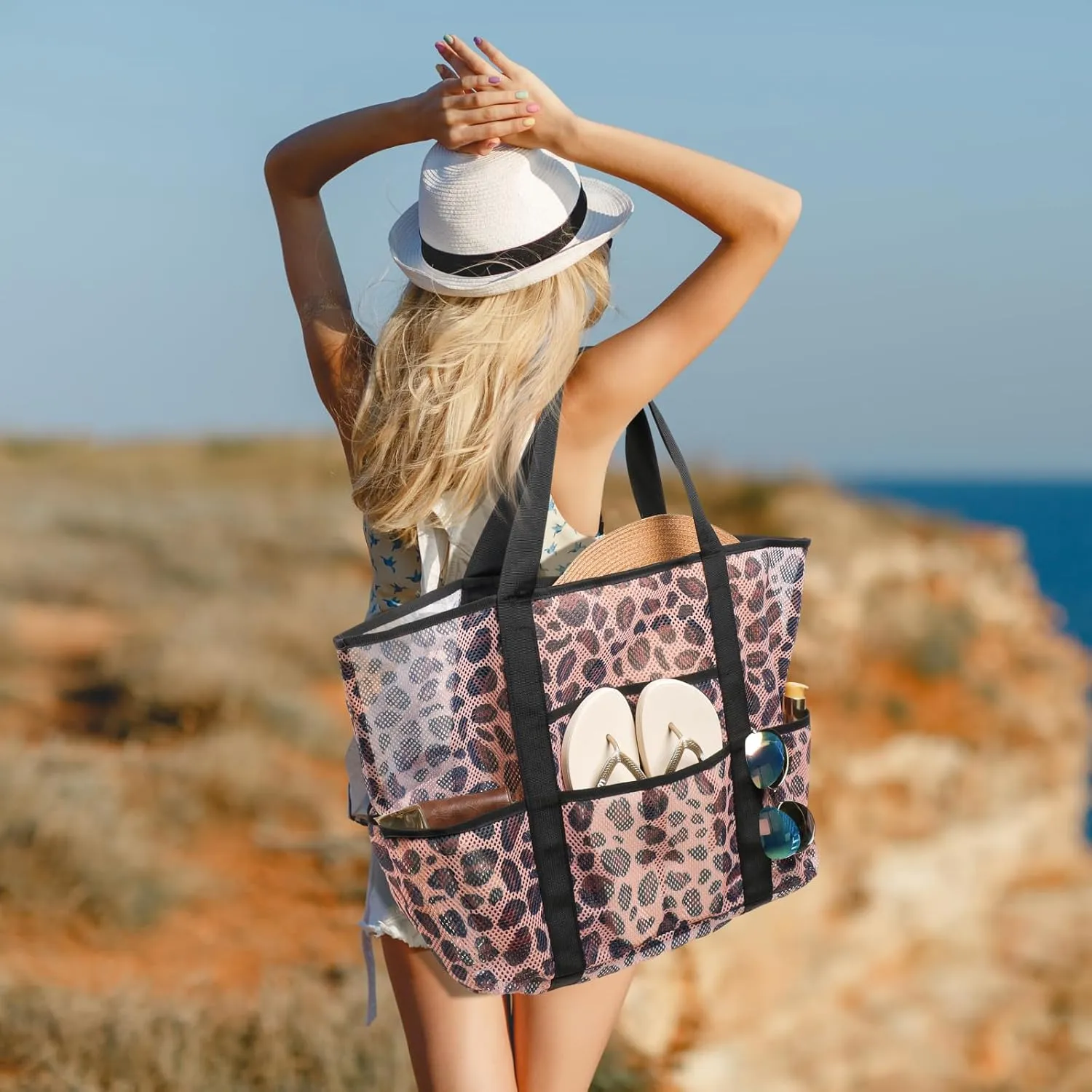 F-color Mesh Beach Bag Family - Beach Tote 9 Pockets Cruise Vacation Essentials