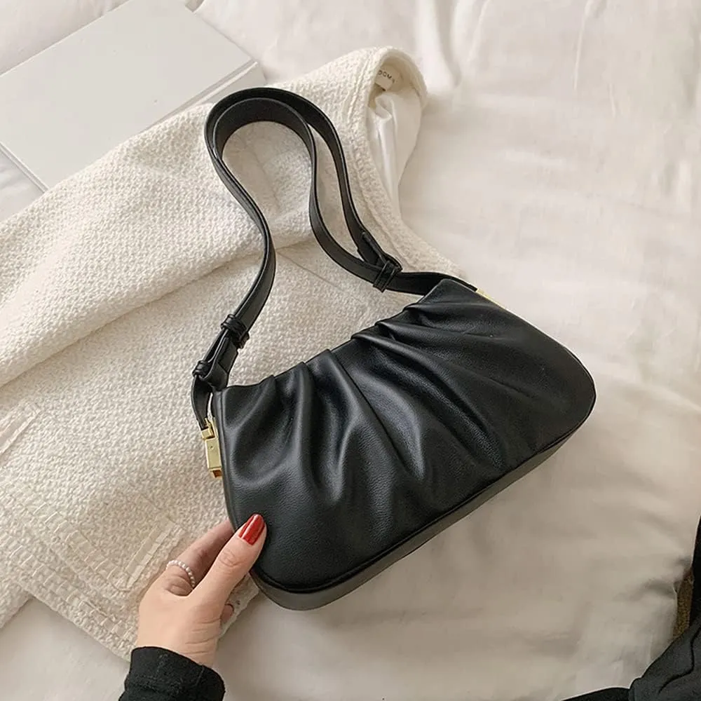 Fashion Pleated Leather Handbag for Women - Stylish Khaki Shoulder Bag with Zipper Clutch Purse