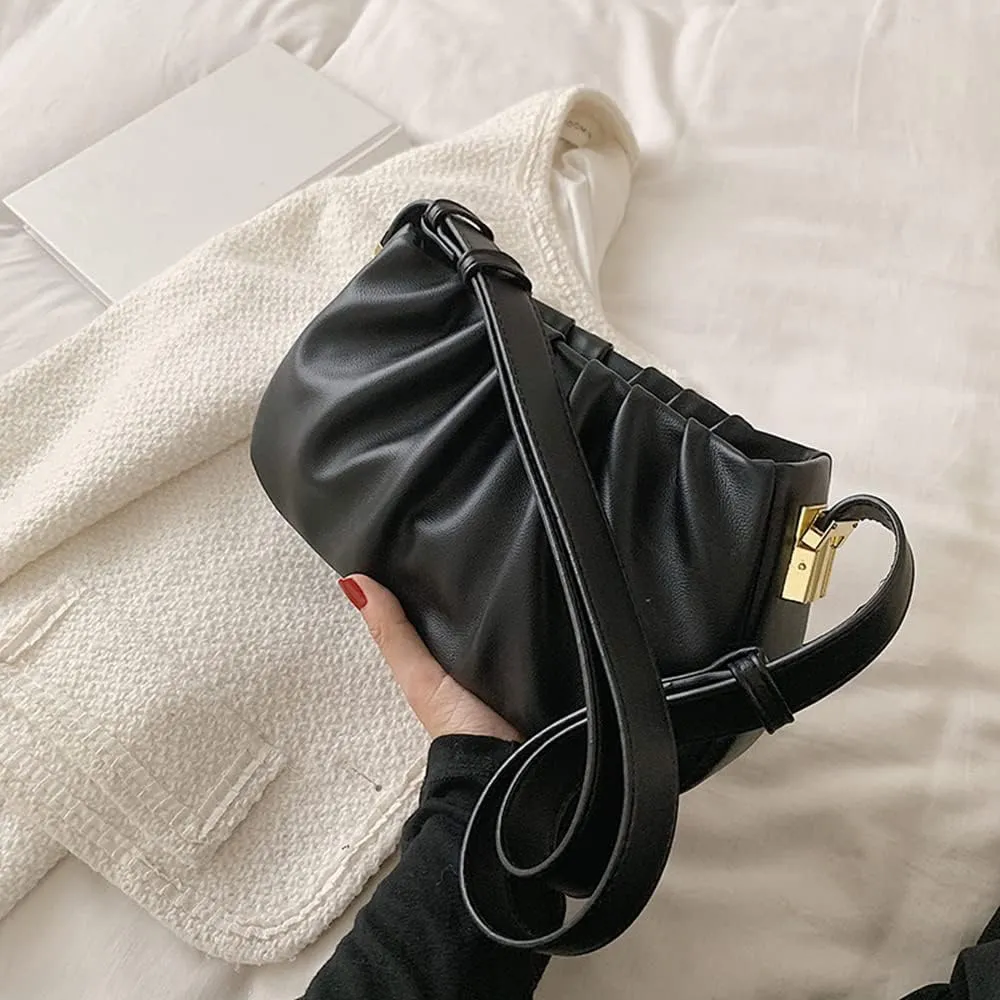 Fashion Pleated Leather Handbag for Women - Stylish Khaki Shoulder Bag with Zipper Clutch Purse
