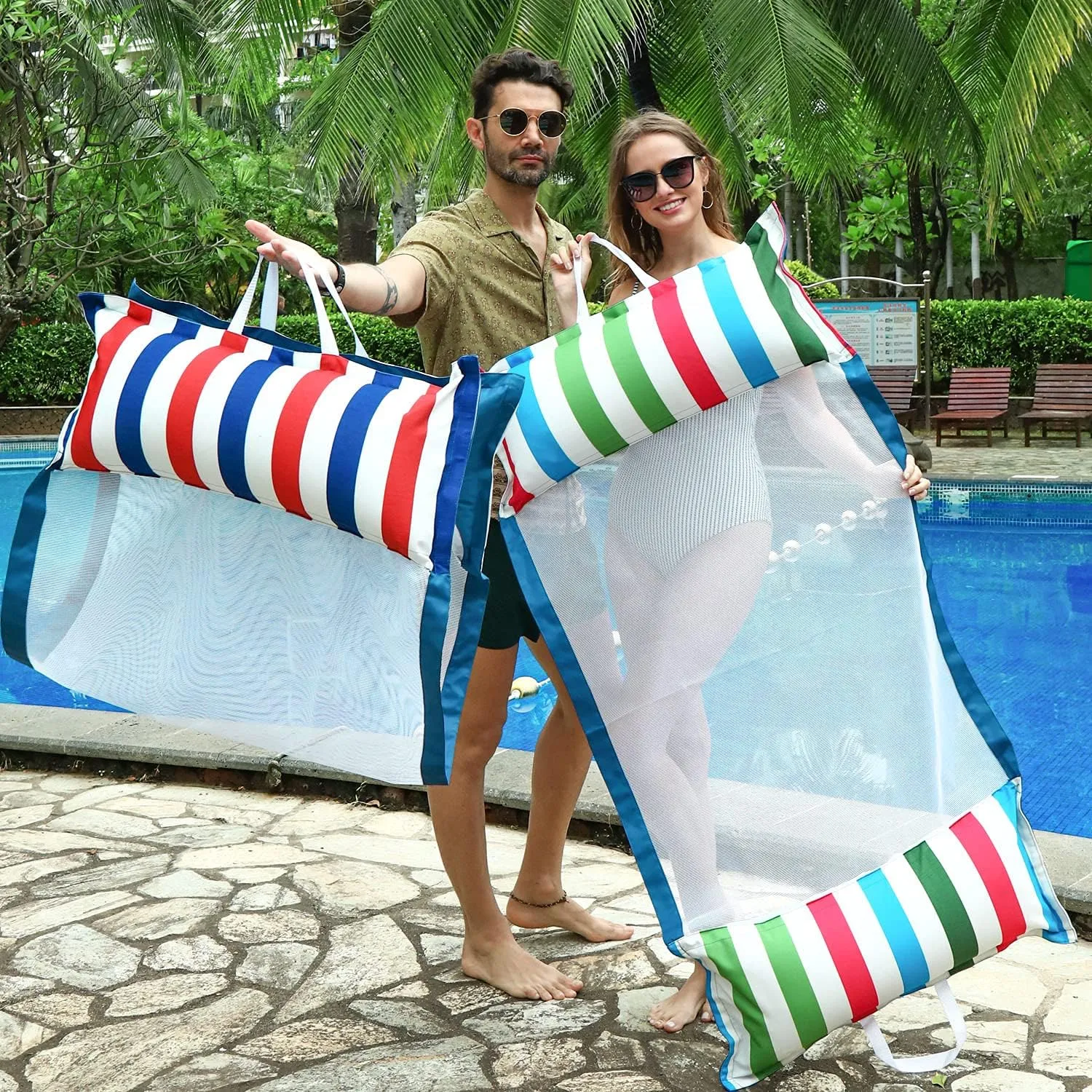 FindUWill 2-Pack Inflatable Pool Floats, XL Large Water Hammock, 4in1 (Saddle, Lounge Chair, Hammock, Drifter) Favric-Covered Pool Lounge for Adults