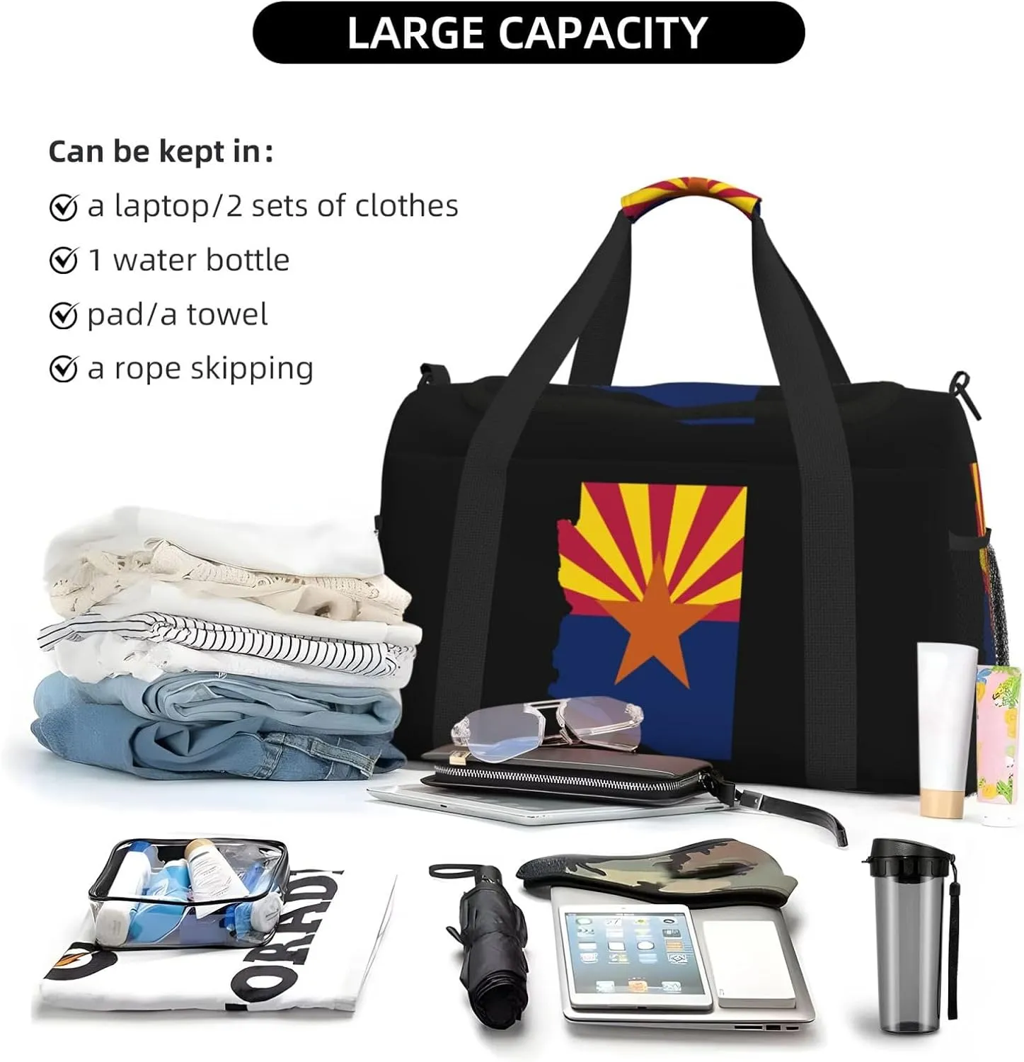 Flag Map Of Arizona Travel Duffel Bag Large Foldable Waterproof Overnight Bag For Beach Swim Bags Pool Sports Gym