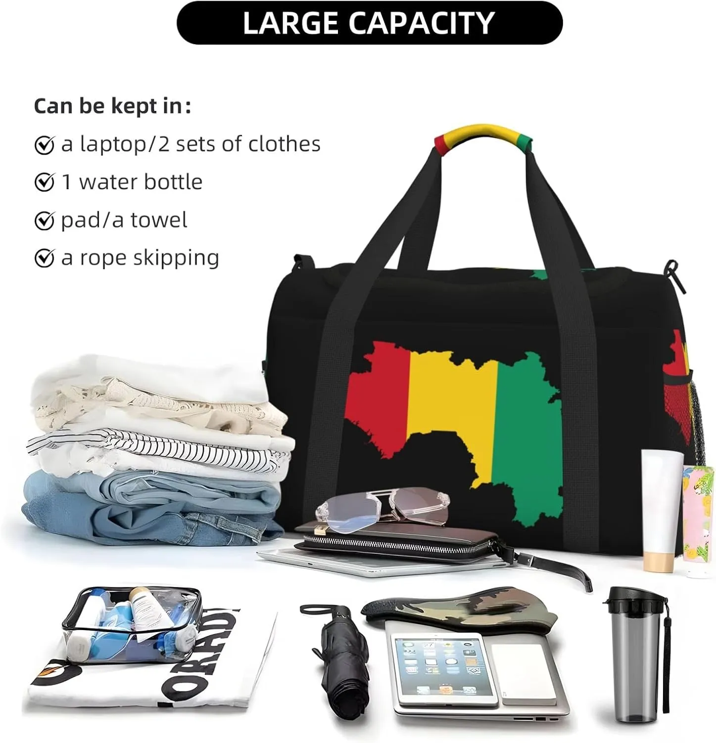Flag Map Of Guinea Travel Duffel Bag Large Foldable Waterproof Overnight Bag For Beach Swim Bags Pool Sports Gym