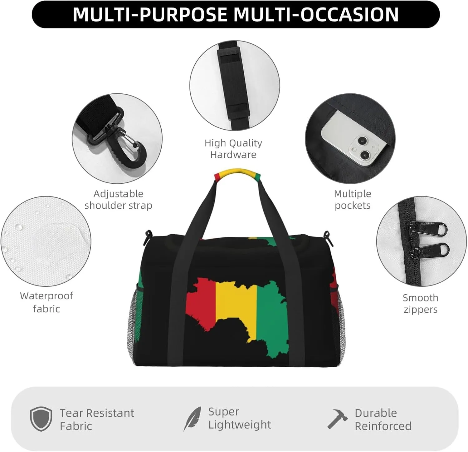 Flag Map Of Guinea Travel Duffel Bag Large Foldable Waterproof Overnight Bag For Beach Swim Bags Pool Sports Gym