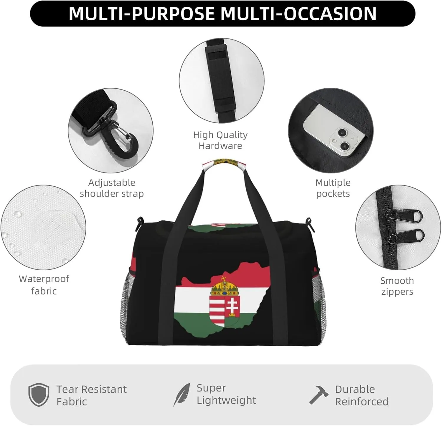 Flag Map Of Hungary Travel Duffel Bag Large Foldable Waterproof Overnight Bag For Beach Swim Bags Pool Sports Gym