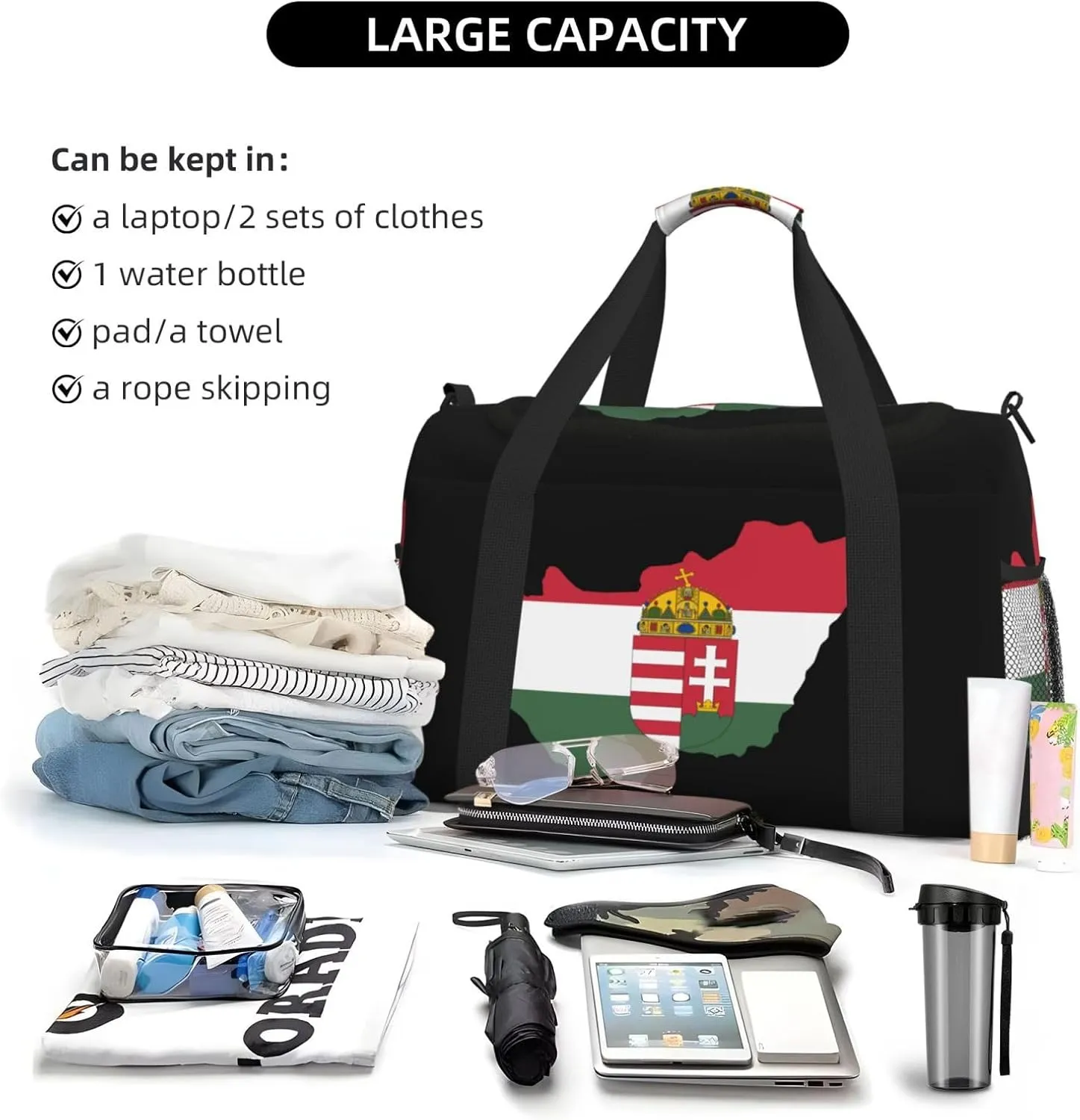 Flag Map Of Hungary Travel Duffel Bag Large Foldable Waterproof Overnight Bag For Beach Swim Bags Pool Sports Gym