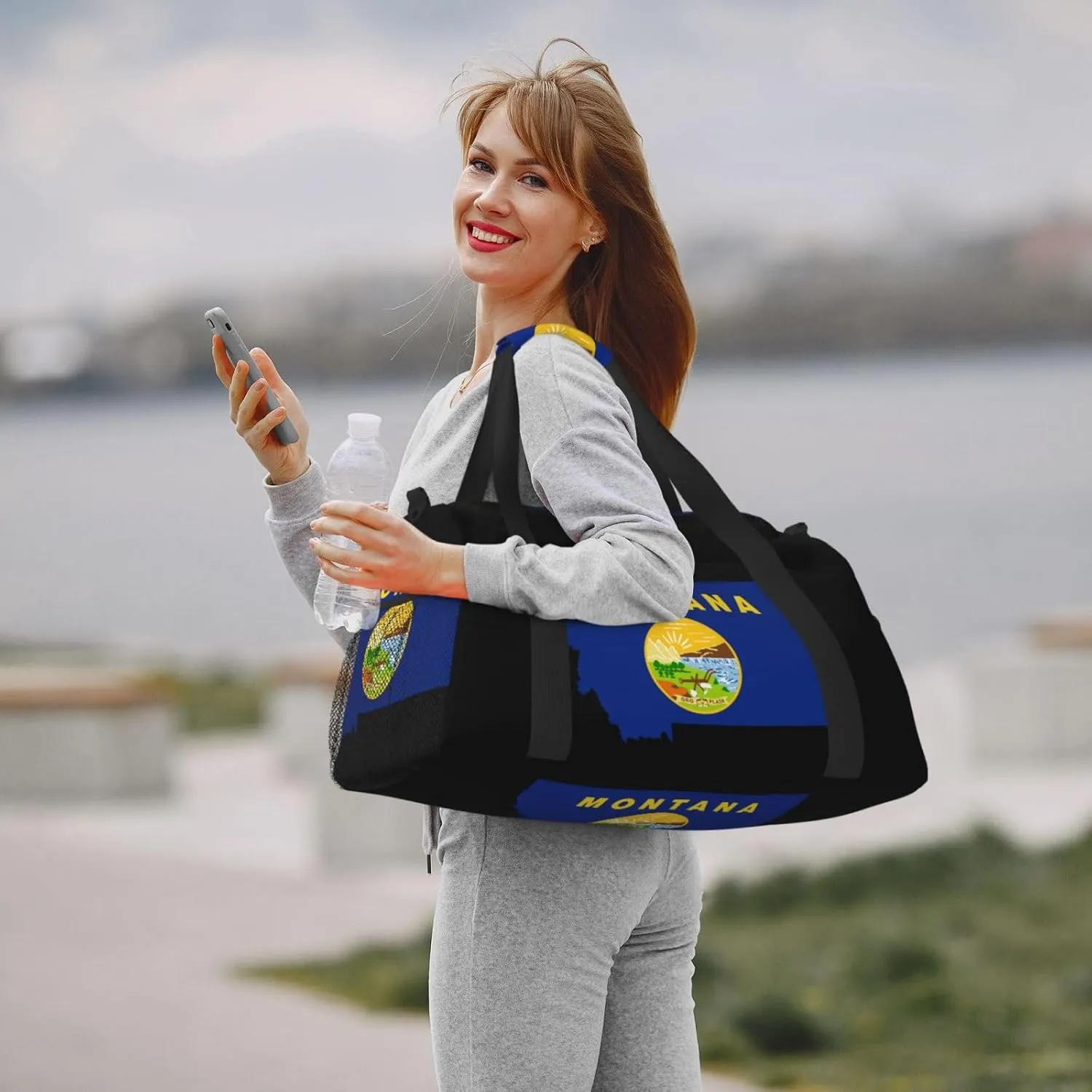 Flag Map Of Montana Travel Duffel Bag Large Foldable Waterproof Overnight Bag For Beach Swim Bags Pool Sports Gym