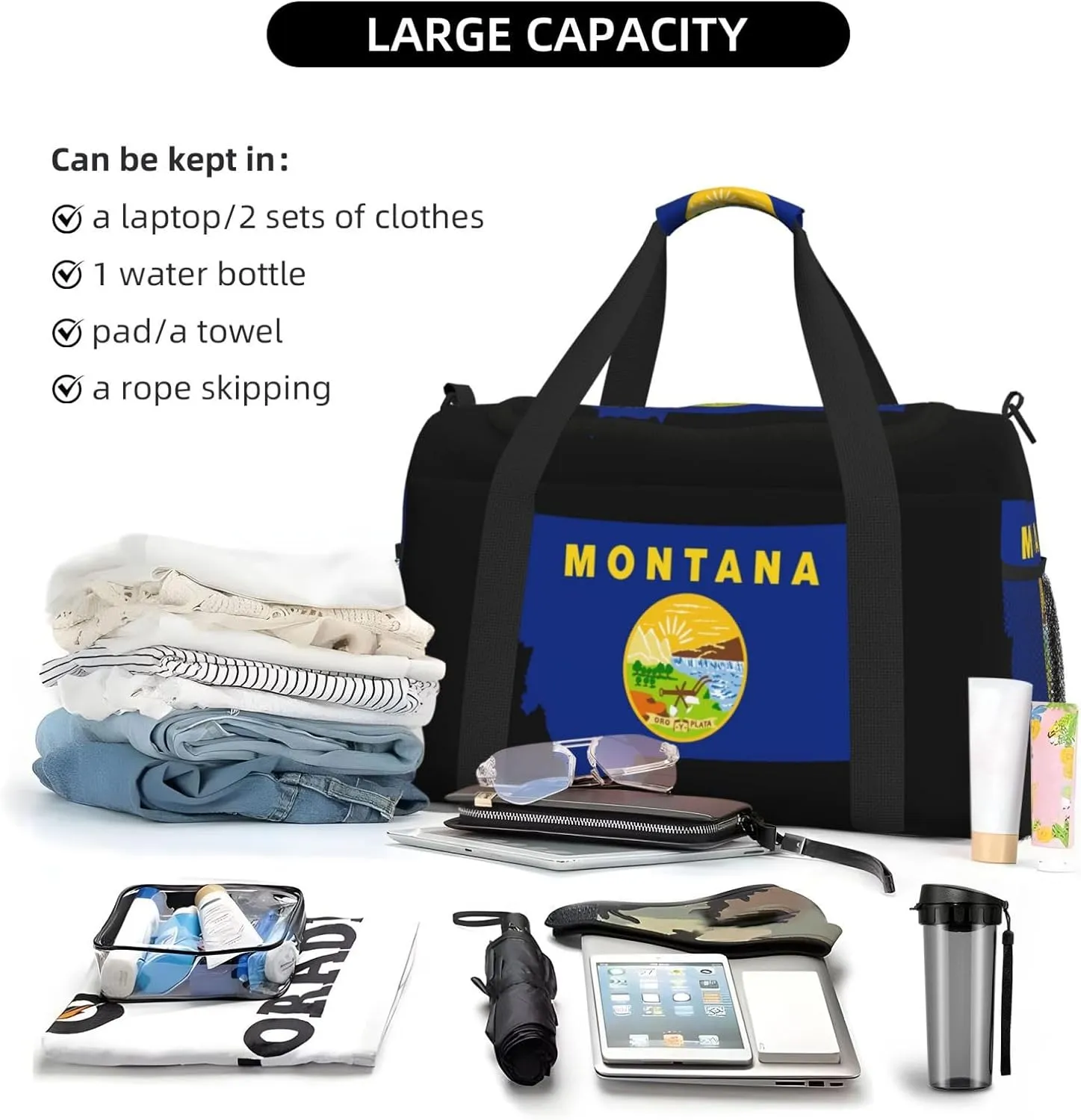 Flag Map Of Montana Travel Duffel Bag Large Foldable Waterproof Overnight Bag For Beach Swim Bags Pool Sports Gym