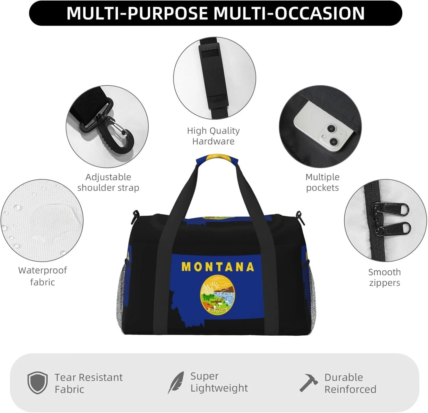 Flag Map Of Montana Travel Duffel Bag Large Foldable Waterproof Overnight Bag For Beach Swim Bags Pool Sports Gym