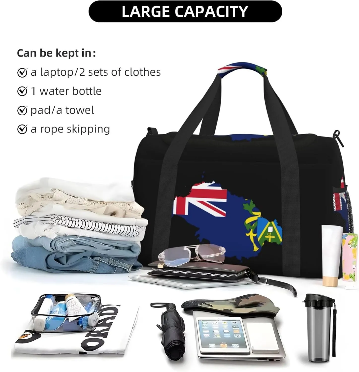 Flag Map Of Pitcairn Travel Duffel Bag Large Foldable Waterproof Overnight Bag For Beach Swim Bags Pool Sports Gym
