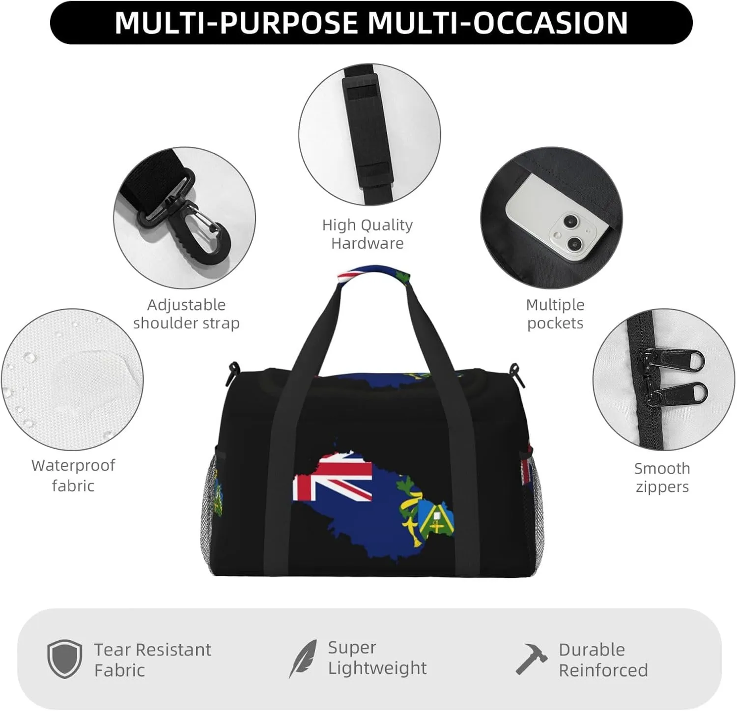 Flag Map Of Pitcairn Travel Duffel Bag Large Foldable Waterproof Overnight Bag For Beach Swim Bags Pool Sports Gym