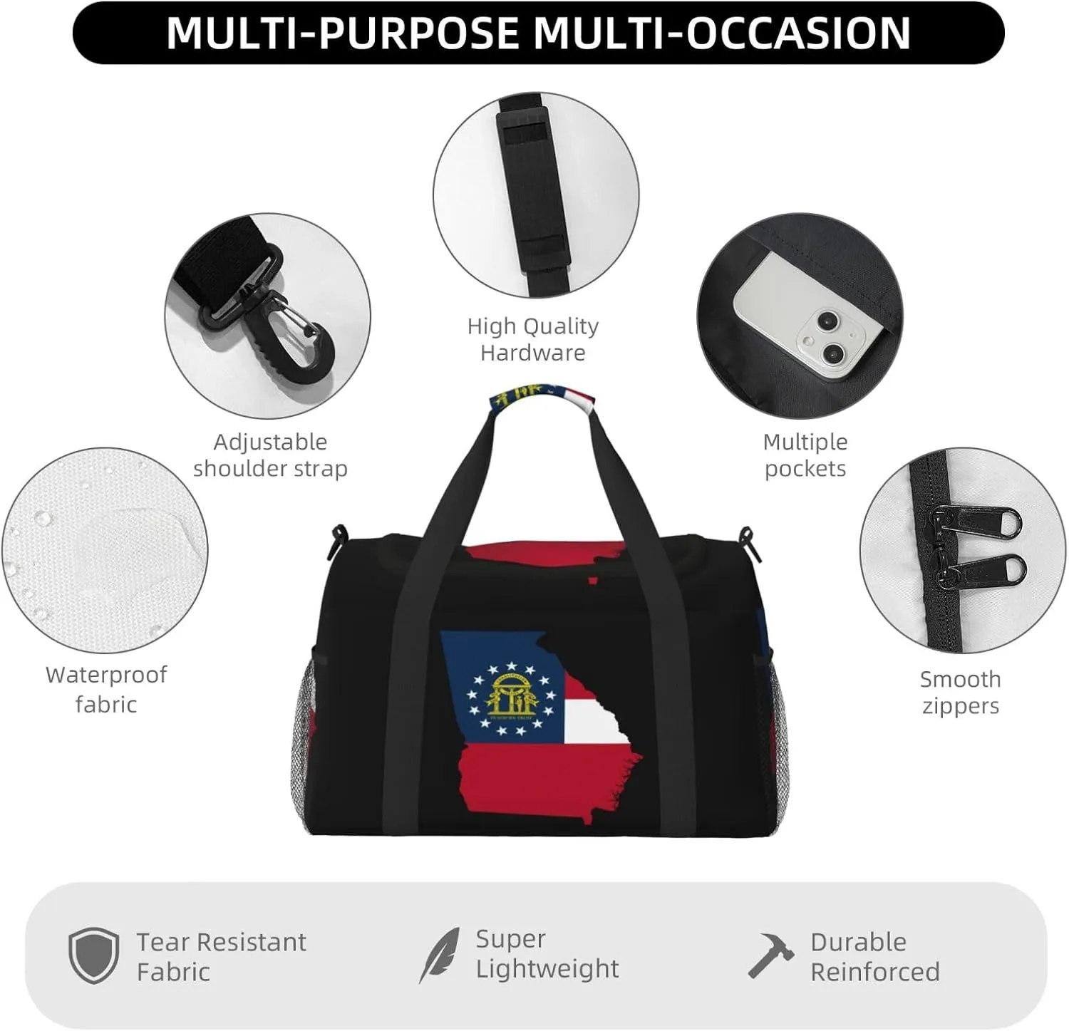 Flag Map Of State Georgia Travel Duffel Bag Large Foldable Waterproof Overnight Bag For Beach Swim Bags Pool Sports Gym