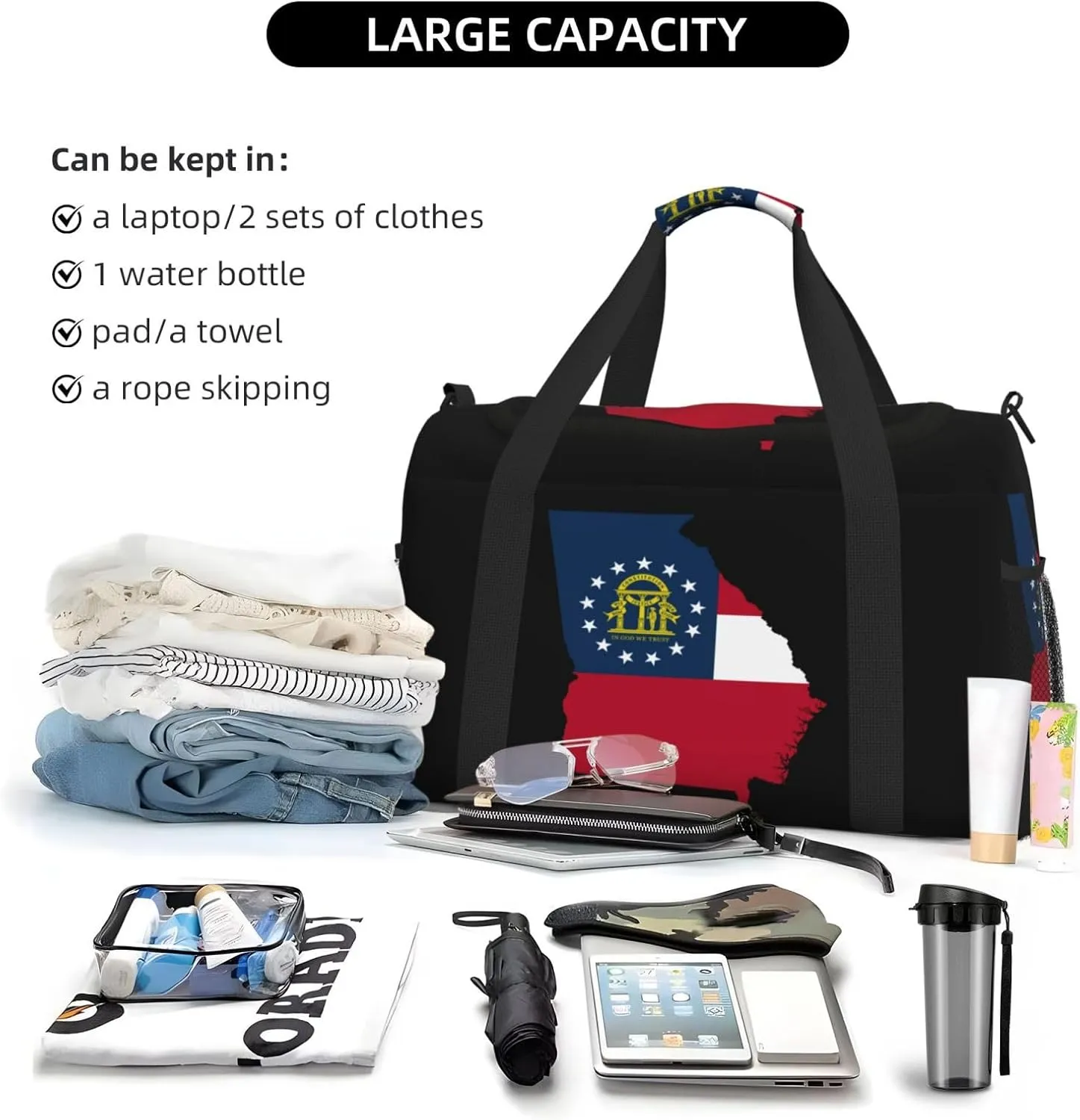 Flag Map Of State Georgia Travel Duffel Bag Large Foldable Waterproof Overnight Bag For Beach Swim Bags Pool Sports Gym