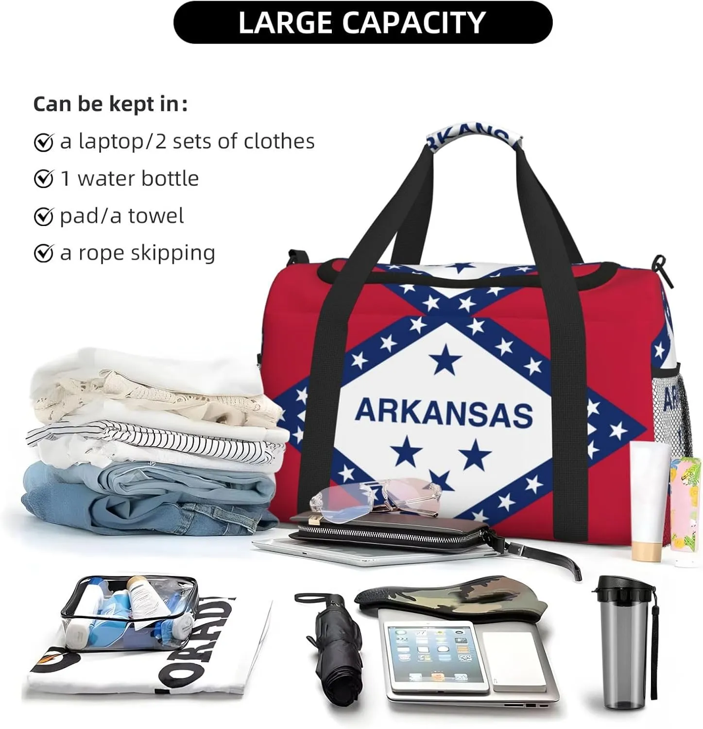 Flag Of Arkansas Travel Duffel Bag Large Foldable Waterproof Overnight Bag For Beach Swim Bags Pool Sports Gym