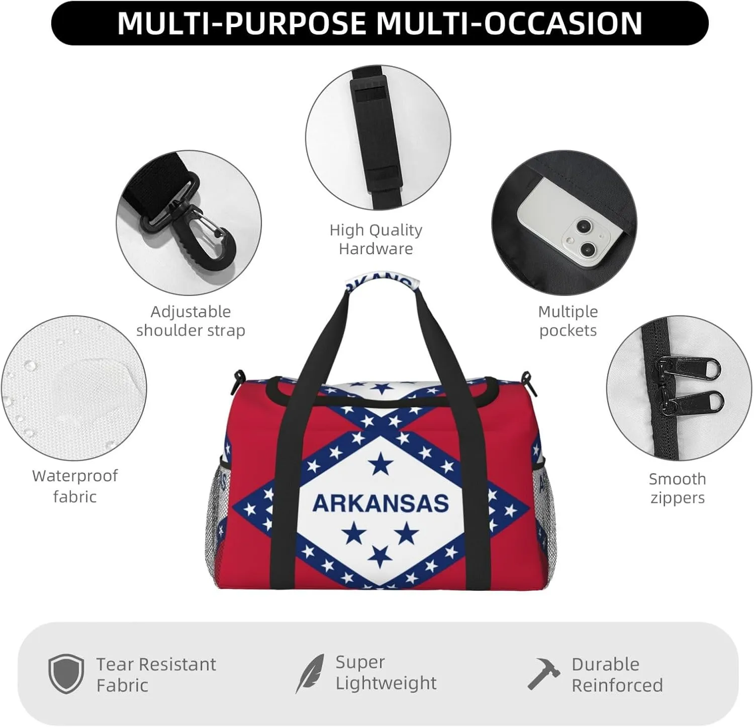 Flag Of Arkansas Travel Duffel Bag Large Foldable Waterproof Overnight Bag For Beach Swim Bags Pool Sports Gym
