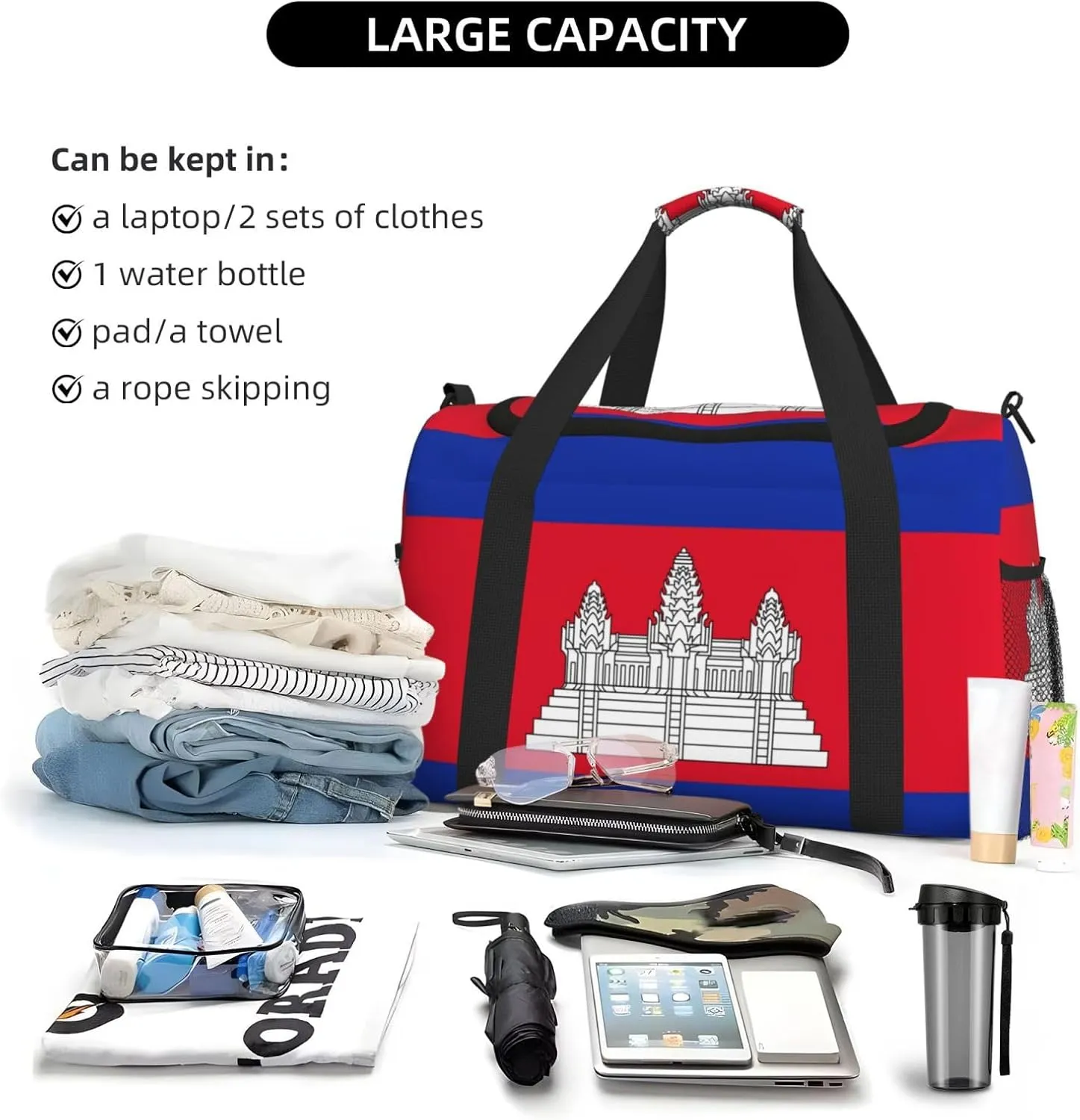 Flag Of Cambodia Travel Duffel Bag Large Foldable Waterproof Overnight Bag For Beach Swim Bags Pool Sports Gym