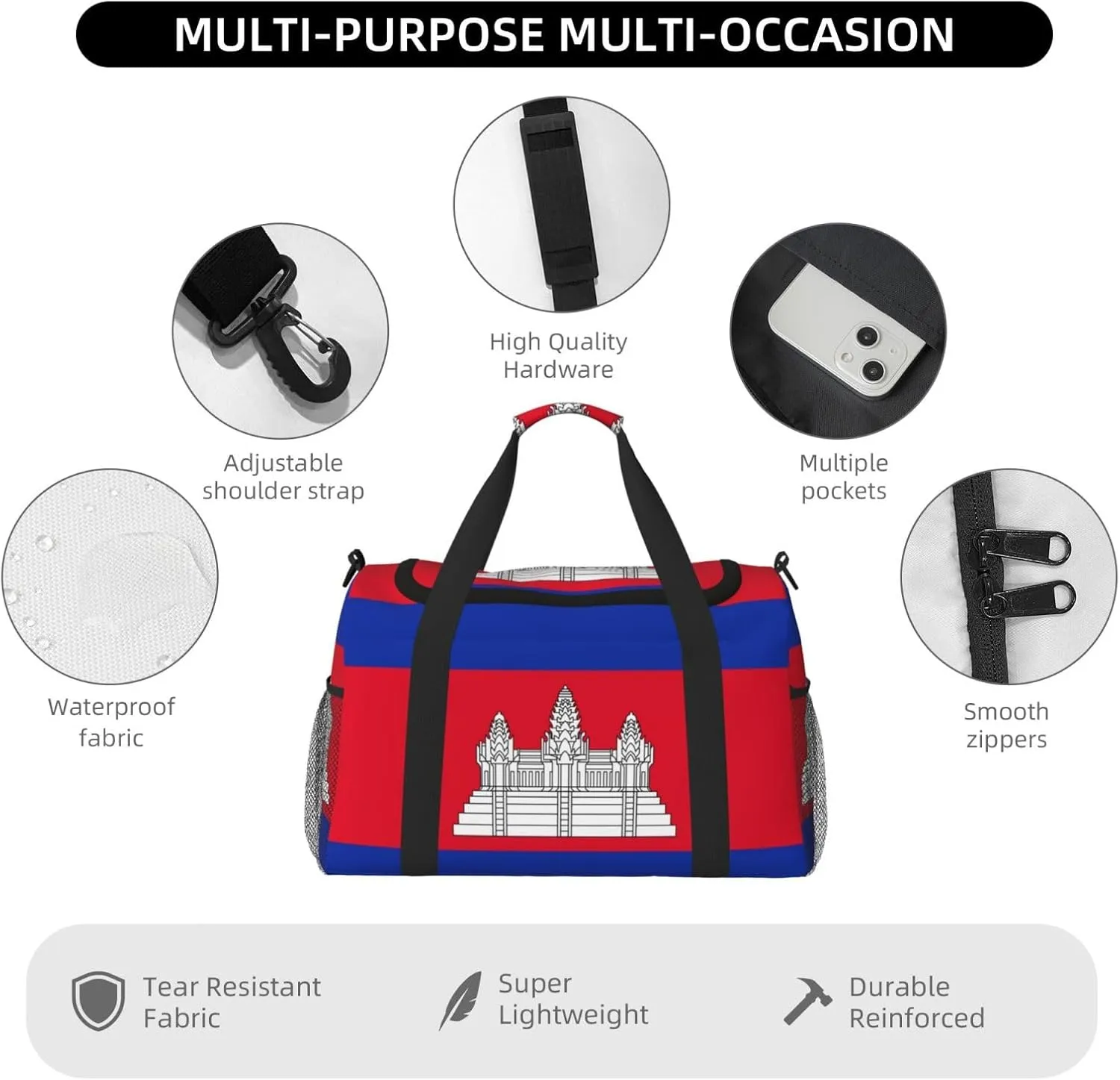 Flag Of Cambodia Travel Duffel Bag Large Foldable Waterproof Overnight Bag For Beach Swim Bags Pool Sports Gym
