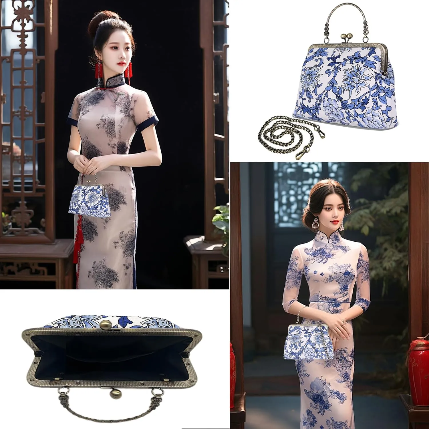 Floral Top-Handle Handbag, Kiss Lock Evening Bag for Women, Vintage Handbag