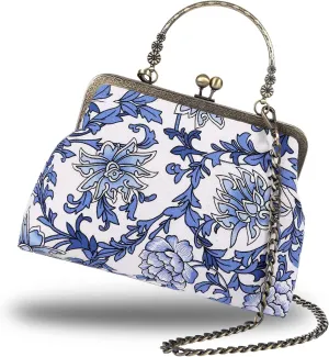 Floral Top-Handle Handbag, Kiss Lock Evening Bag for Women, Vintage Handbag