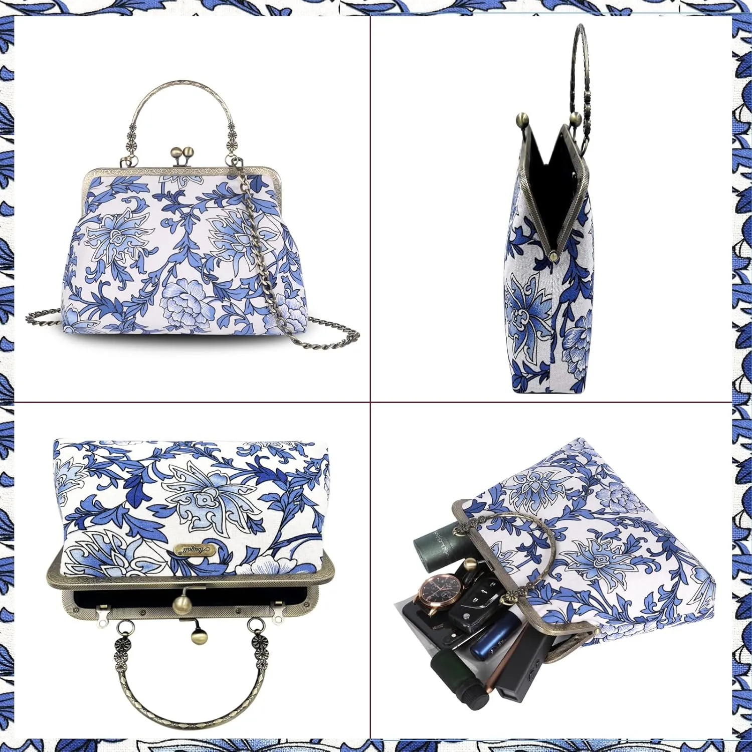 Floral Top-Handle Handbag, Kiss Lock Evening Bag for Women, Vintage Handbag