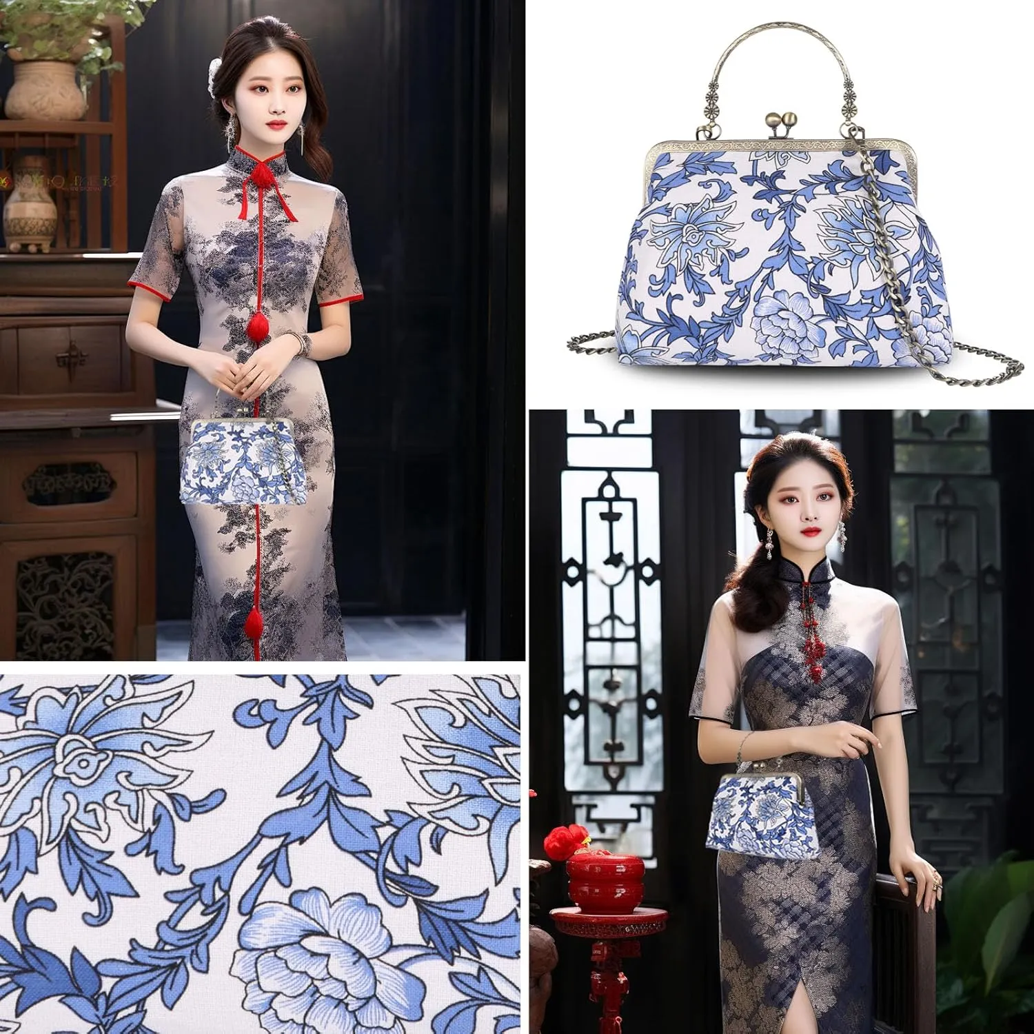 Floral Top-Handle Handbag, Kiss Lock Evening Bag for Women, Vintage Handbag