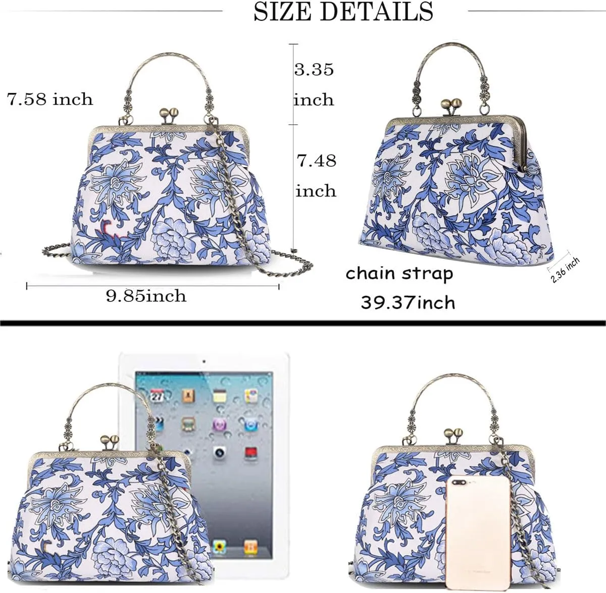 Floral Top-Handle Handbag, Kiss Lock Evening Bag for Women, Vintage Handbag
