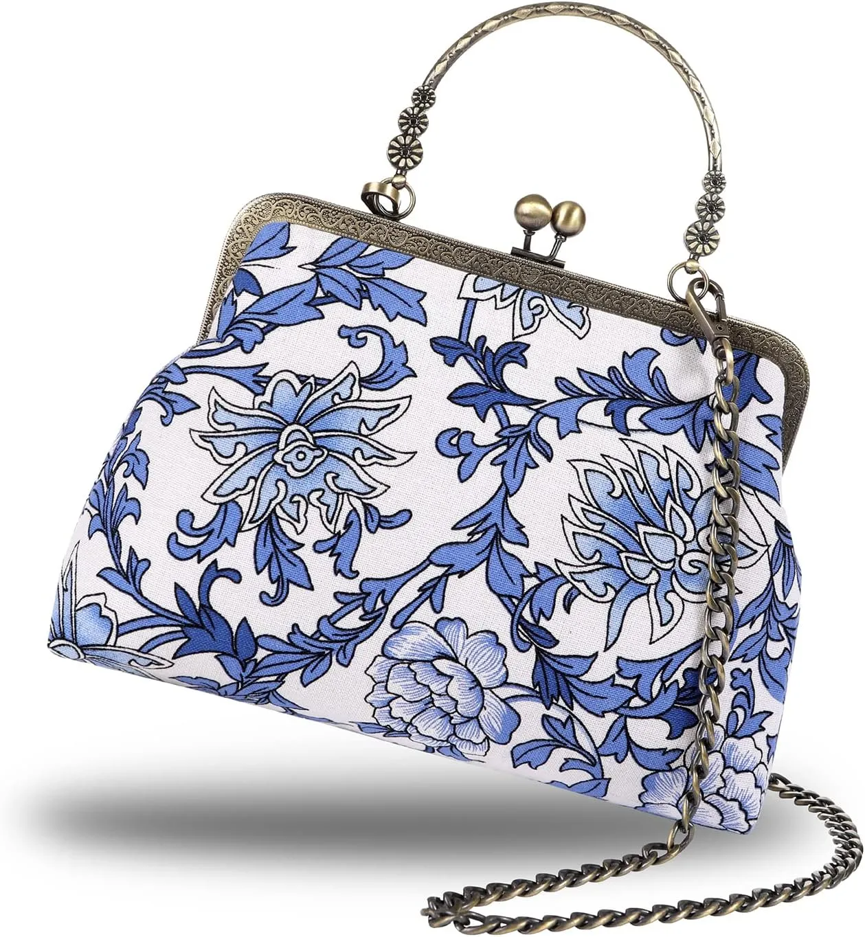 Floral Top-Handle Handbag, Kiss Lock Evening Bag for Women, Vintage Handbag