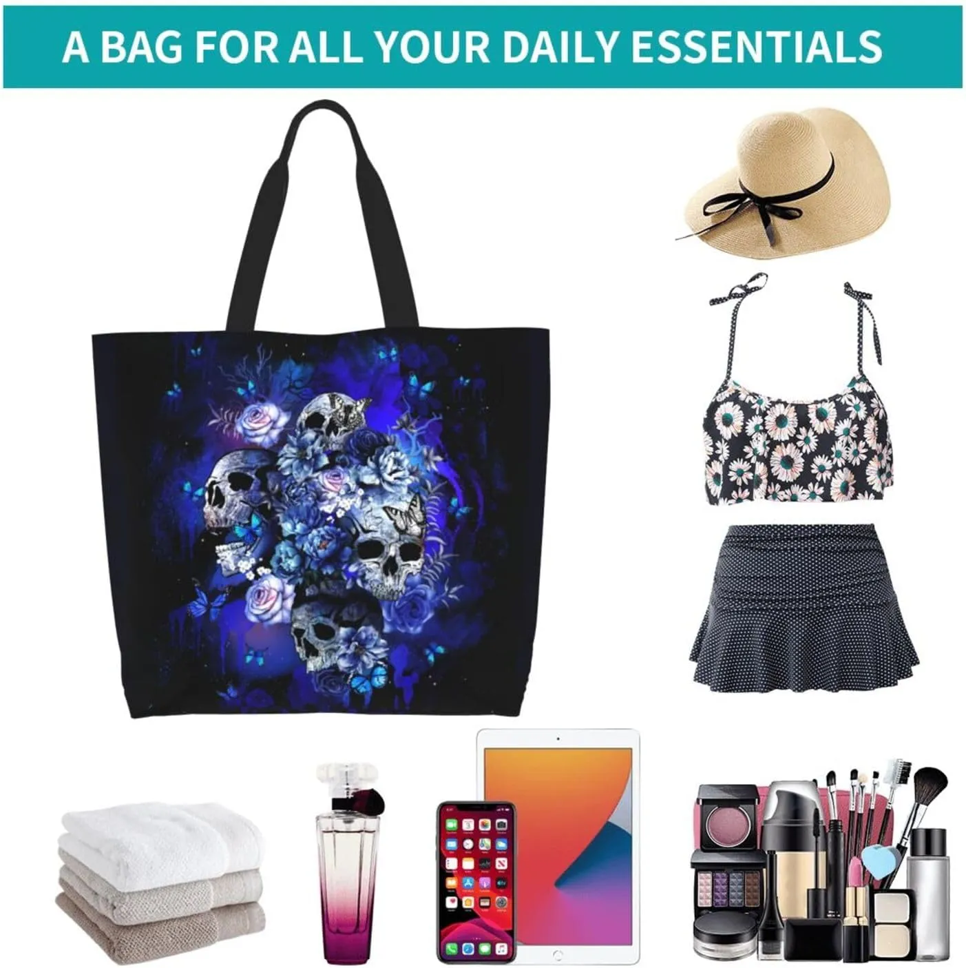 Flower Sugar Skull Tote Bags Reusable Women Shoulder Travel Beach Bag Shopping Work Daily