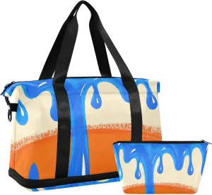Flowing Pigment Blue Orange Large Bag Carry On Tote Bag with Toiletry Bag for Trekking Multifunctional