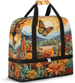 Foldable Travel Duffel Bag Tote Carry on Luggage Bag Sunflower Spring Butterfly Sports Gym Bag with Shoes Compartment Small Overnight Weekender Bag for Women Men