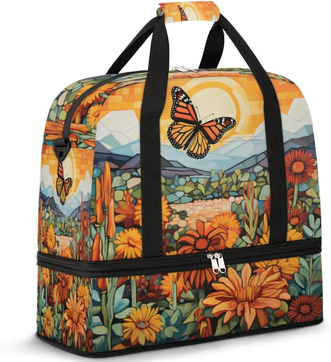 Foldable Travel Duffel Bag Tote Carry on Luggage Bag Sunflower Spring Butterfly Sports Gym Bag with Shoes Compartment Small Overnight Weekender Bag for Women Men