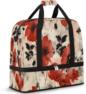 Foldable Travel Duffel Bag Tote Carry on Luggage Bag Vintage_floral Pattern Poppy Sports Gym Bag with Shoes Compartment Small Overnight Weekender Bag for Women Men