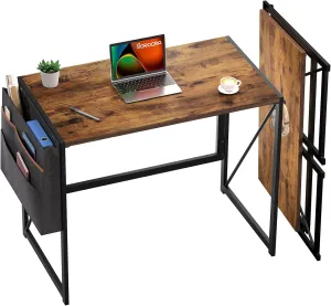 Folding Desk with Storage Pocket for Small Spaces, 31.5 Inch Foldable Desk with Headphone Hook for Bedroom Home Office, Portable Writing Table, Easy Assembly, Vintage Brown
