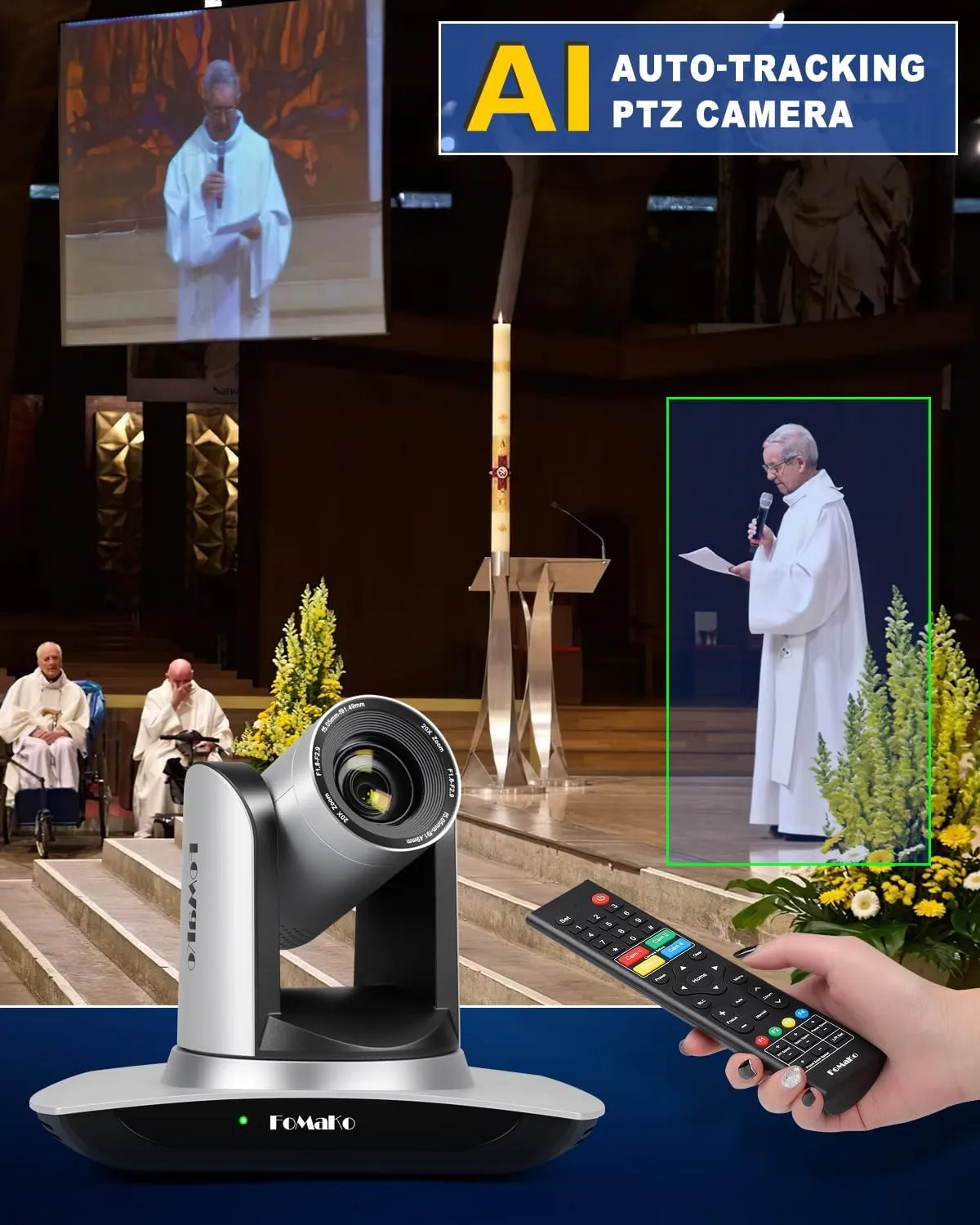 FoMaKo AI Auto Tracking HDMI PTZ Camera, 20x Optical Zoom, for Church Services Worship Education(2pcs)   KC608 Pro PTZ Controller (BH402 PTZ Bundle FMK12UH Prox2   KC608 Pro)