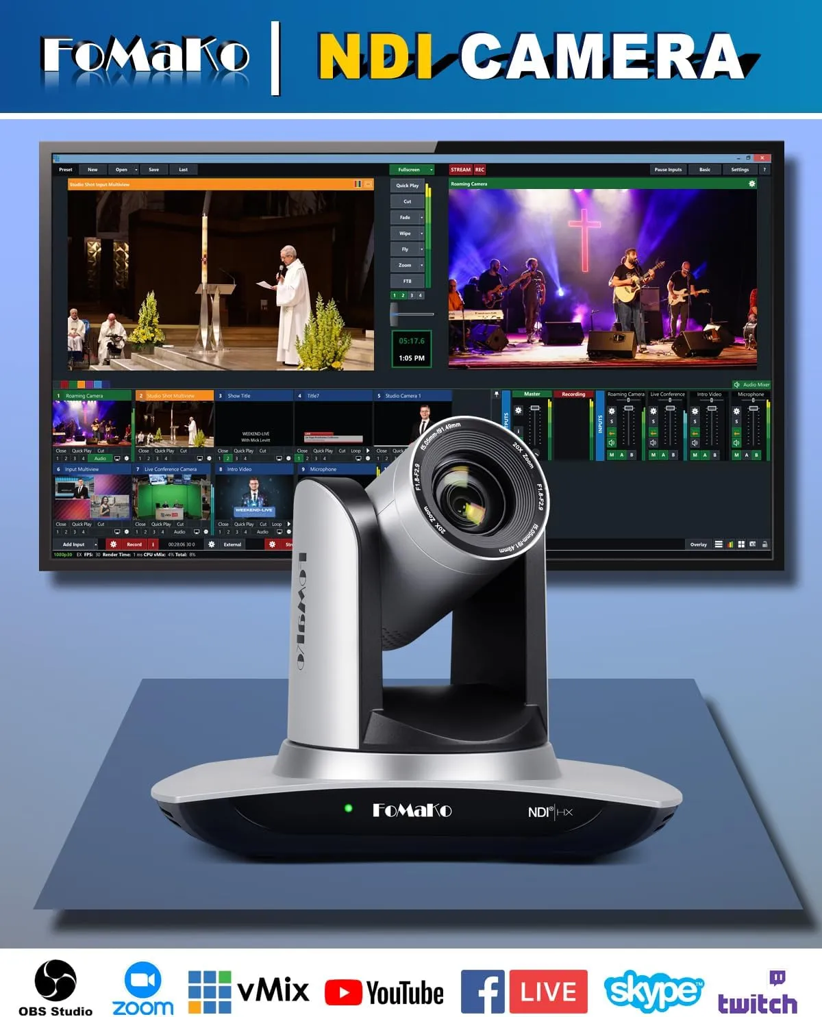 FoMaKo NDI Camera Support NDI 6 & NDI HX3, AI Auto Tracking HDMI PTZ Camera,20x Optical Zoom PoE PTZ Controller (BN401 PTZ Bundle FMK20UH NDI KC608)
