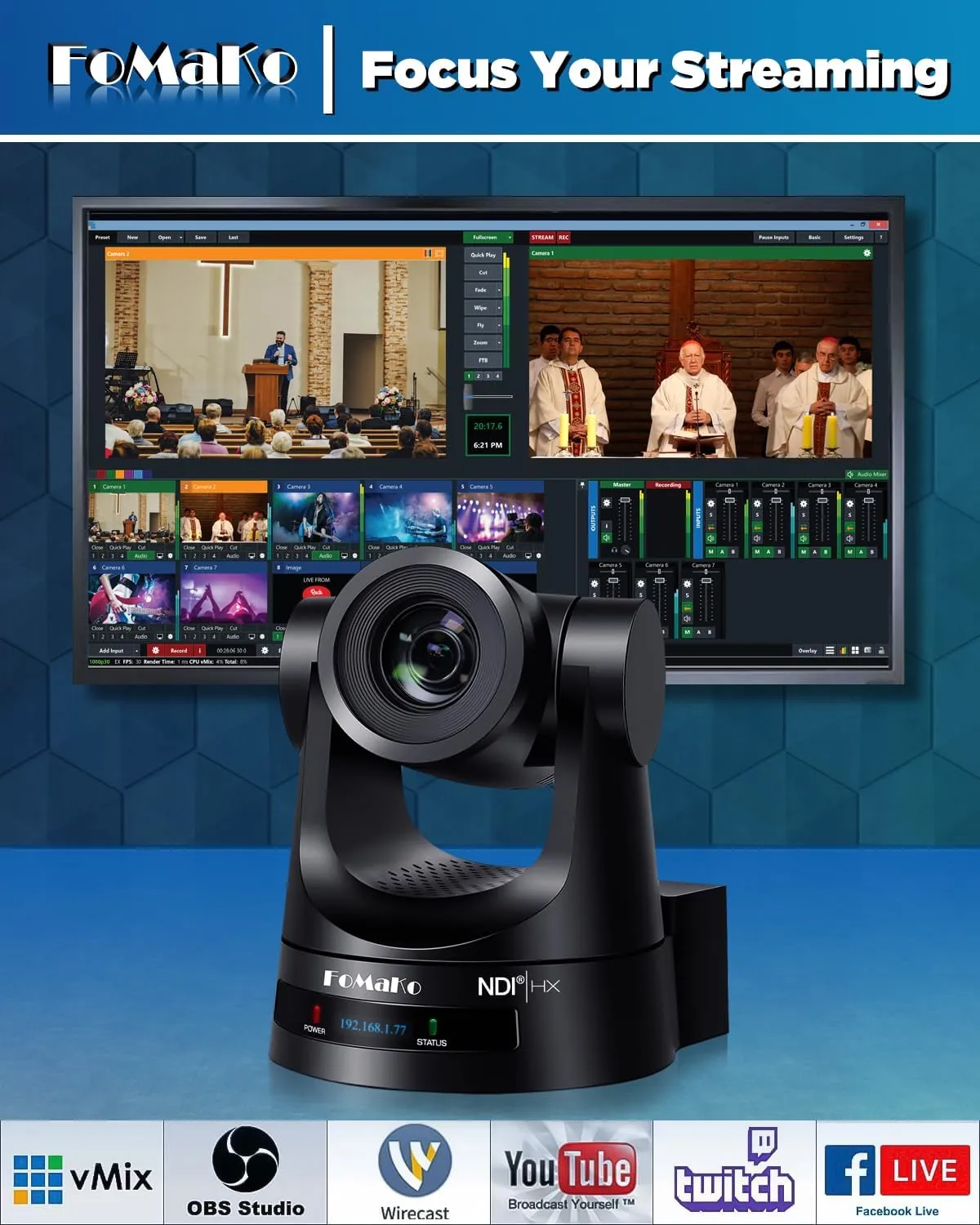 FoMaKo NDI PTZ Camera Bundle AI Auto Tracking (NDI 6 & NDI HX3 Certified), 20X Optical Zoom PoE HDMI PTZ Camera for Church Worship, PTZ Controller, BN201(NDI PTZ Bundle KN20A  KC608)