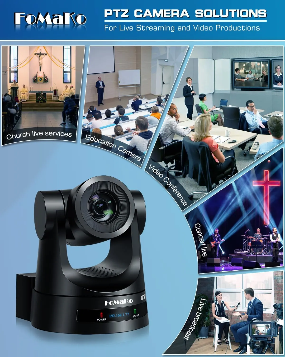 FoMaKo NDI PTZ Camera Bundle AI Auto Tracking (NDI 6 & NDI HX3 Certified), 20X Optical Zoom PoE HDMI PTZ Camera for Church Worship, PTZ Controller, BN201(NDI PTZ Bundle KN20A  KC608)