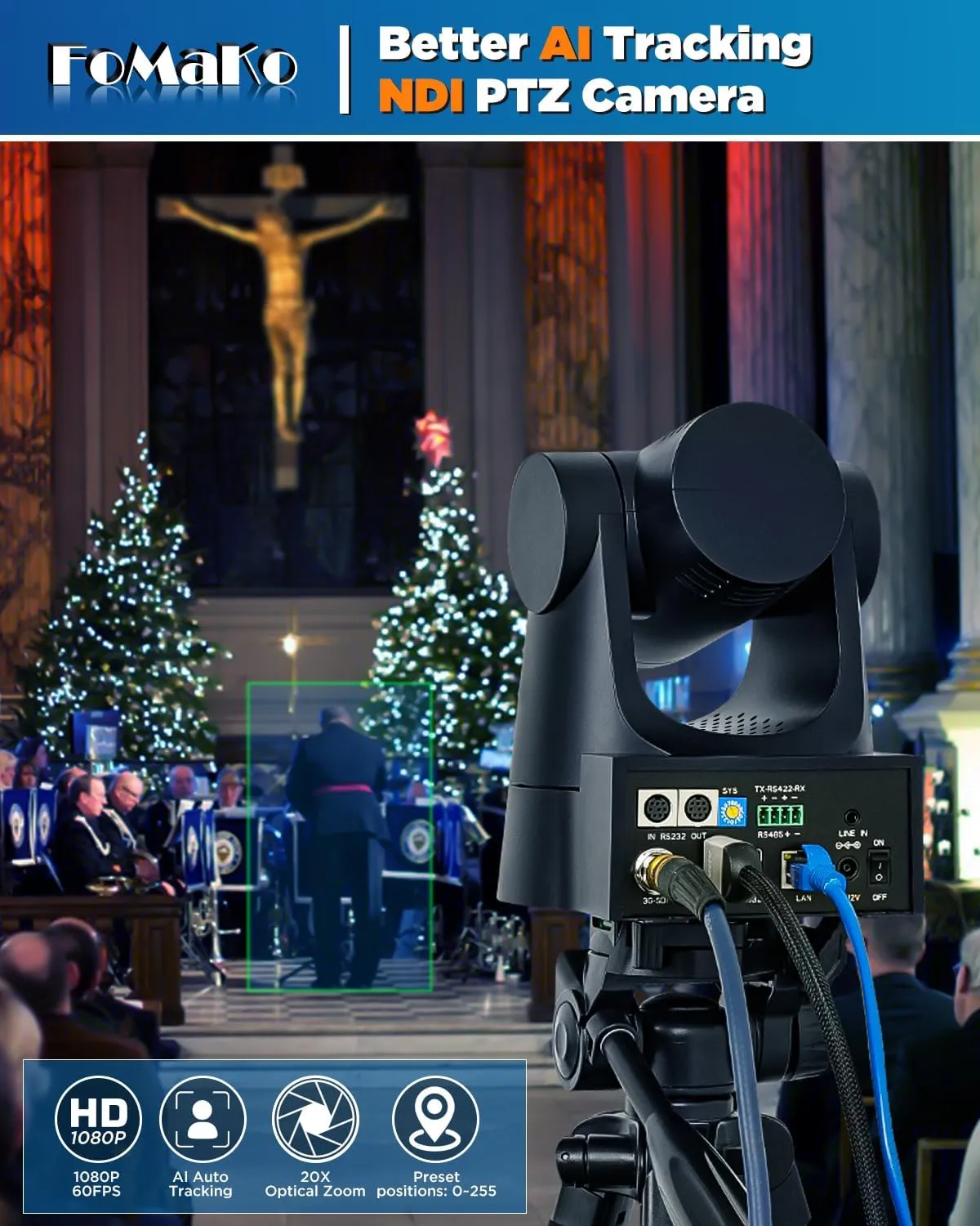 FoMaKo PTZ Camera, 20x Optical Zoom, AI Auto Tracking PoE HDMI Camera for Church Worship (BH201 PTZ Bundle FMK20SDI  KC608)