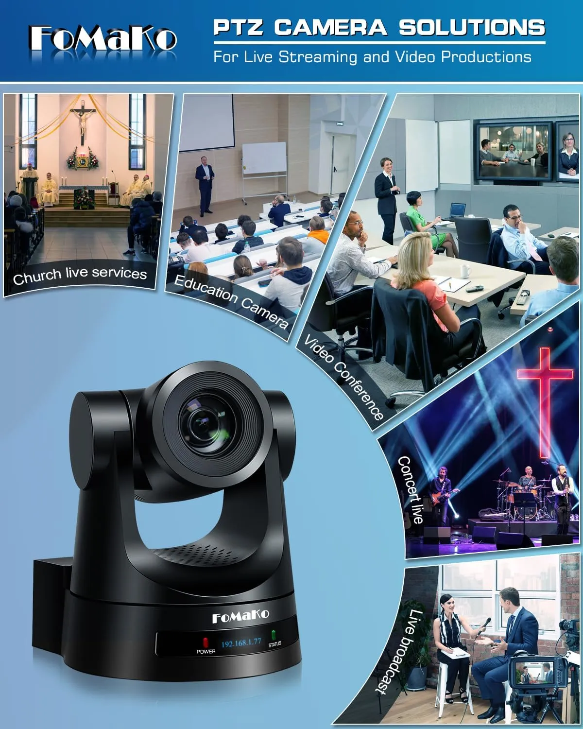 FoMaKo PTZ Camera, 20x Optical Zoom, AI Auto Tracking PoE HDMI Camera for Church Worship (BH201 PTZ Bundle FMK20SDI  KC608)