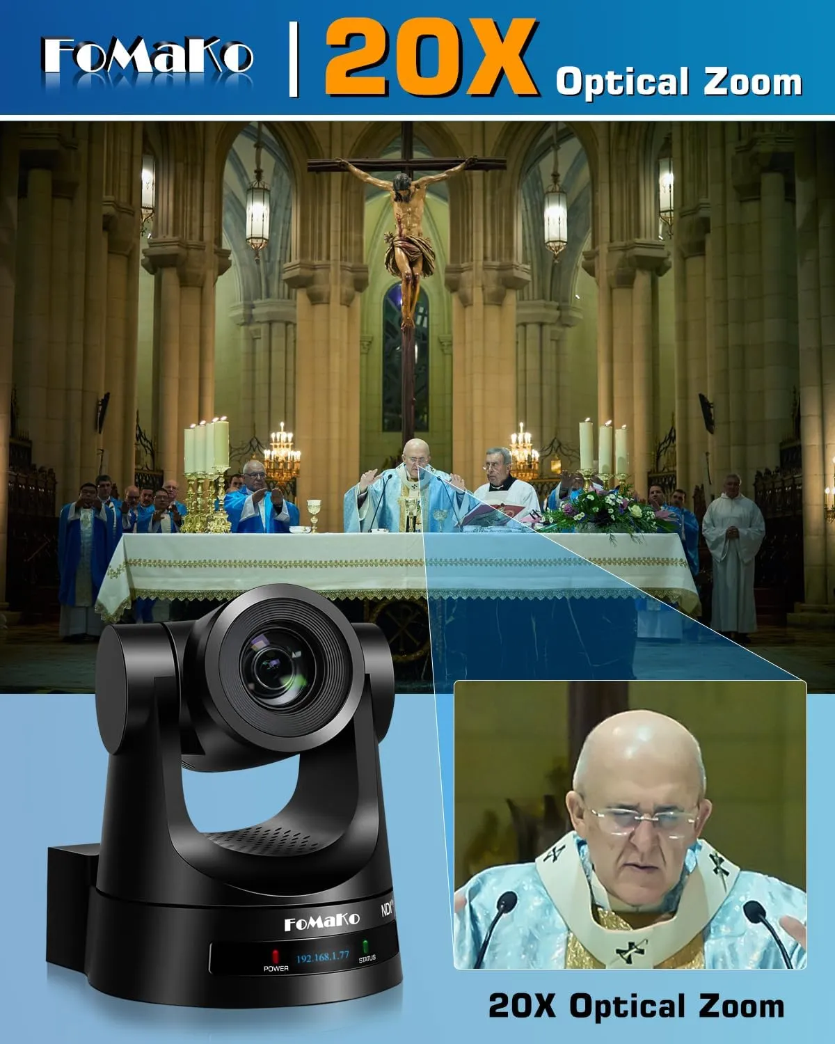 FoMaKo PTZ Camera, 20x Optical Zoom, AI Auto Tracking PoE HDMI Camera for Church Worship (BH201 PTZ Bundle FMK20SDI  KC608)