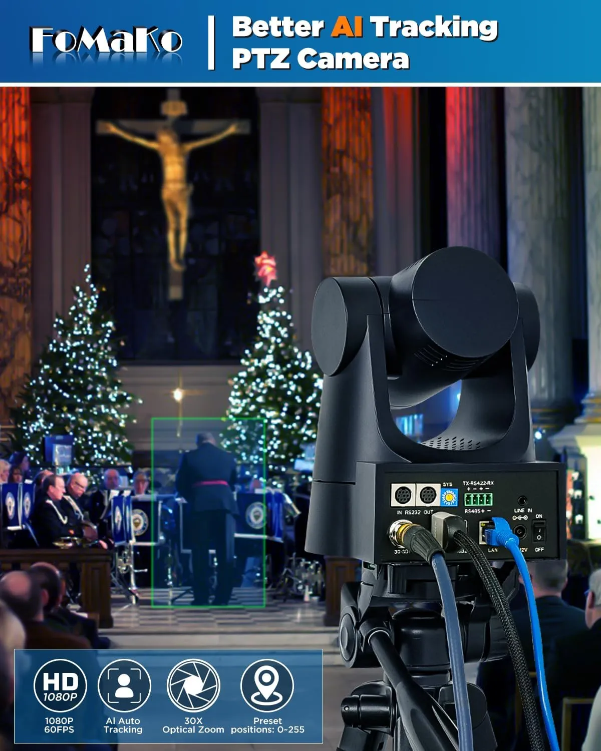 FoMaKo PTZ Camera, 30X Optical Zoom Bundle AI Auto Tracking PoE HDMI Camera, for Church Worship BH301 (PTZ Bundle FMK30SDI KC608 Pro)