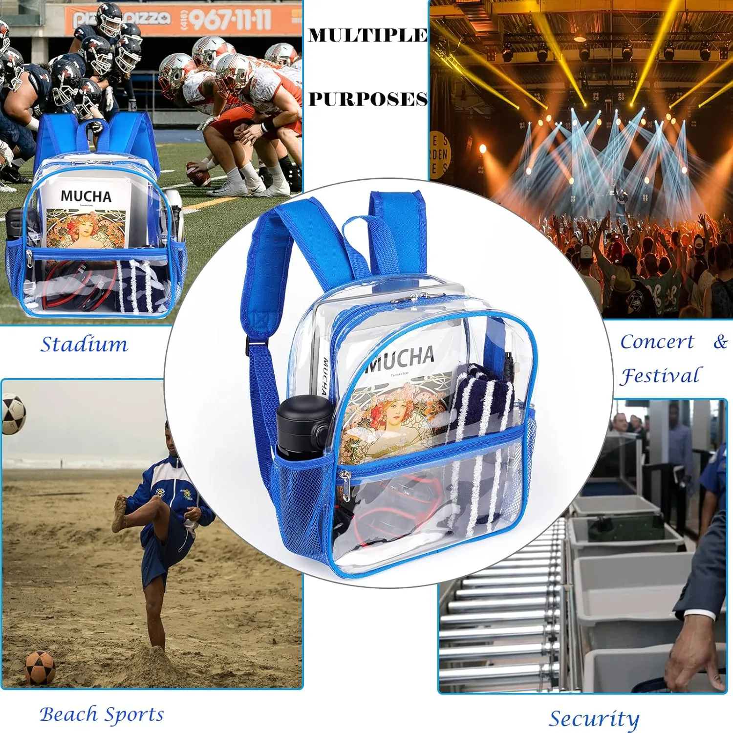 Fomaris Clear Backpack 12x12x6, Small See Through Transparent Backpack Bag Stadium Approved for Concert Game Sports Events Festival Work (Blue)