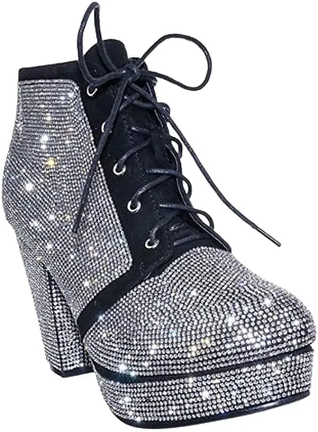 Forever Women Rhinestone Shiny Block Chunky Heel Ankle Booties