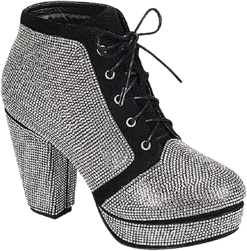 Forever Women Rhinestone Shiny Block Chunky Heel Ankle Booties