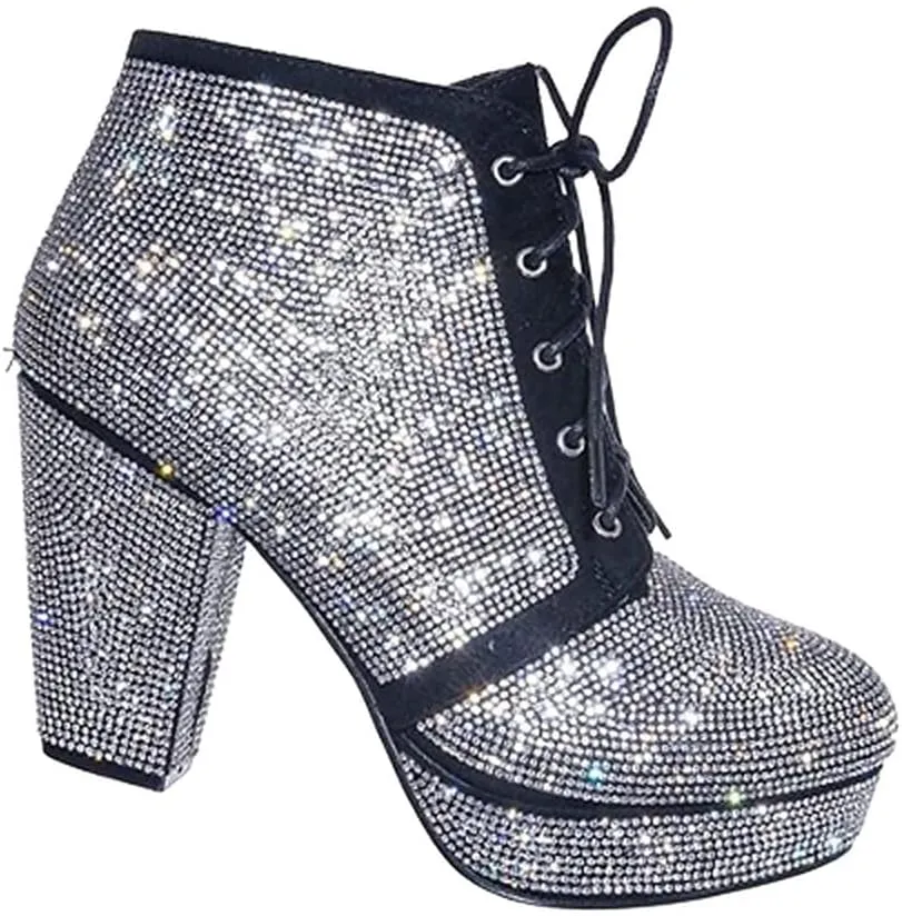 Forever Women Rhinestone Shiny Block Chunky Heel Ankle Booties
