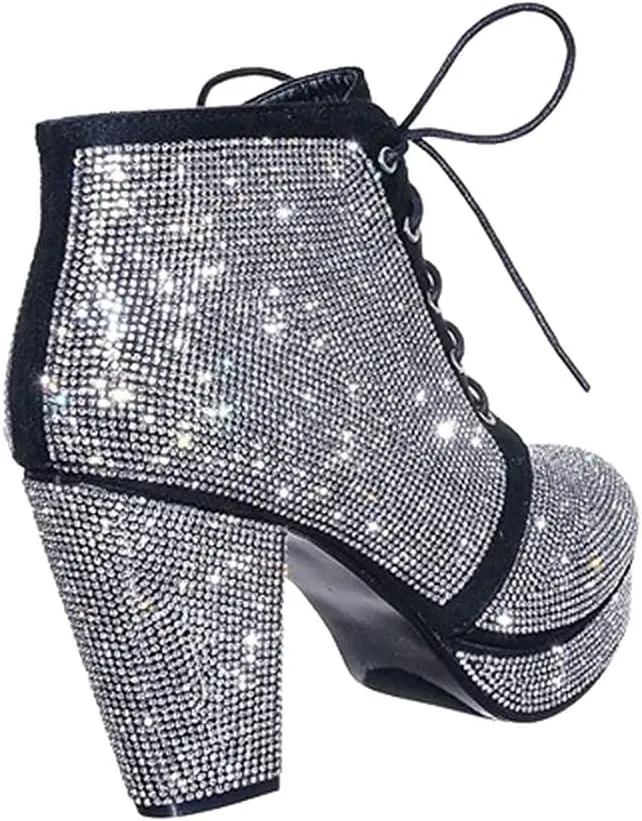 Forever Women Rhinestone Shiny Block Chunky Heel Ankle Booties
